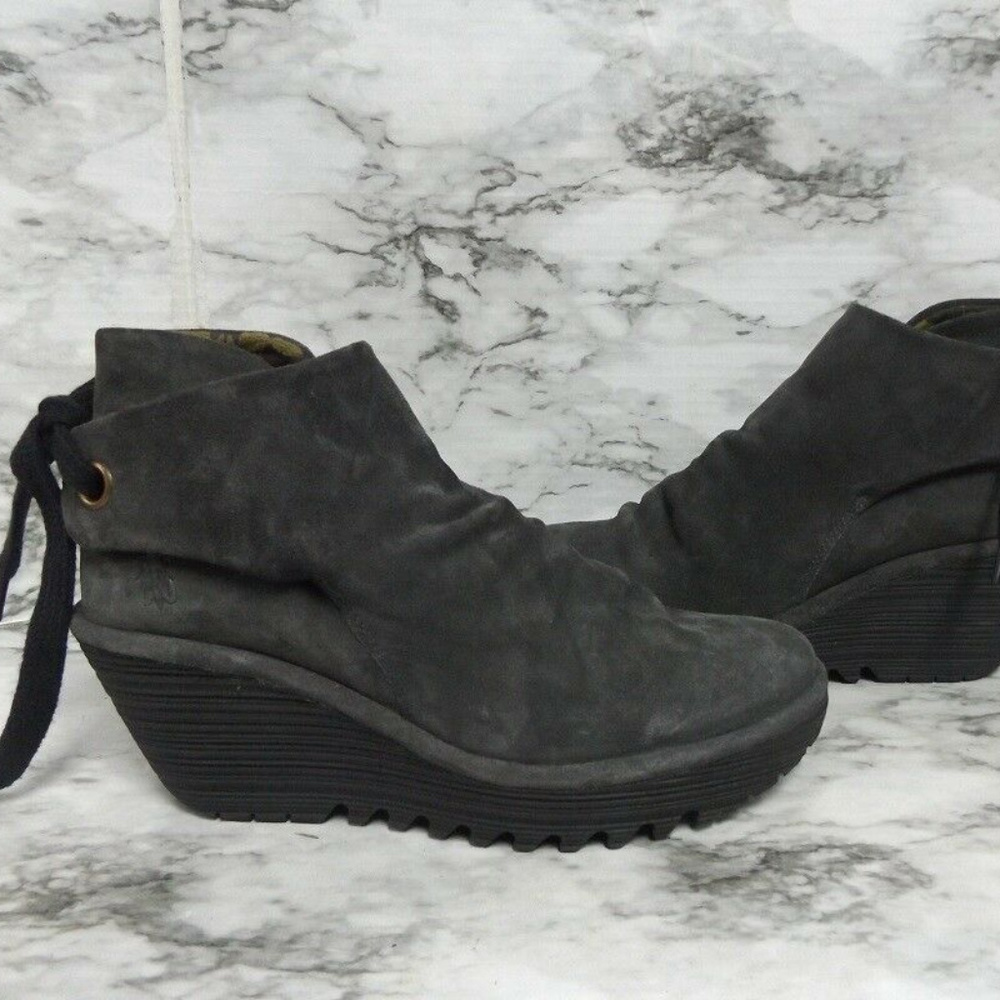 NEW FLY London Suede Ruched Ankle Boots Tie Detail
